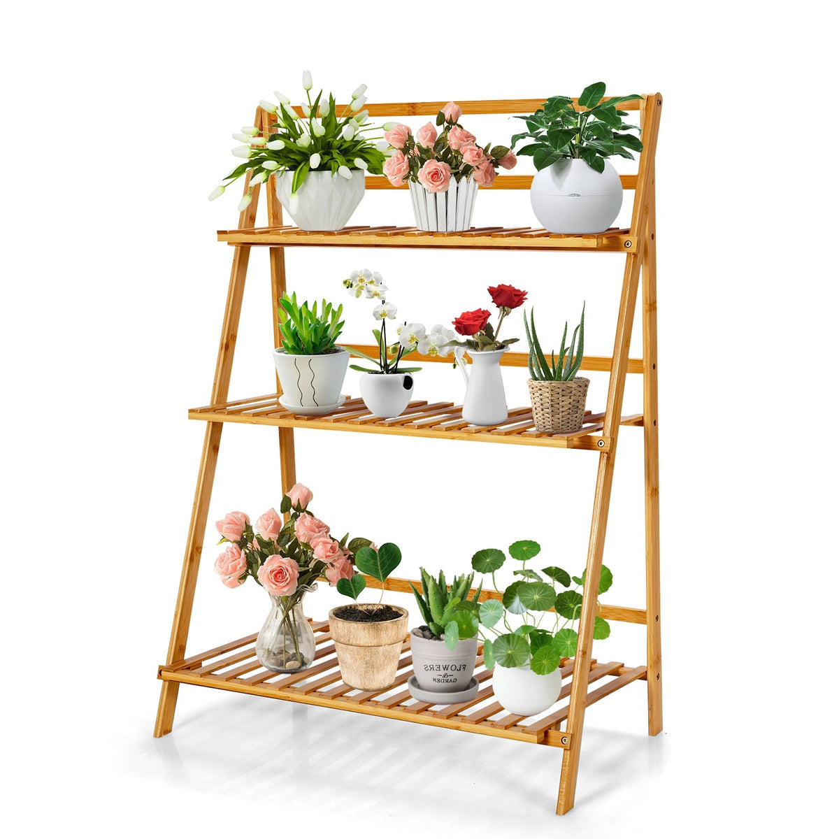 3-Tier Bamboo Foldable Plant Stand with Display Shelf Rack-Natural DirectDeals