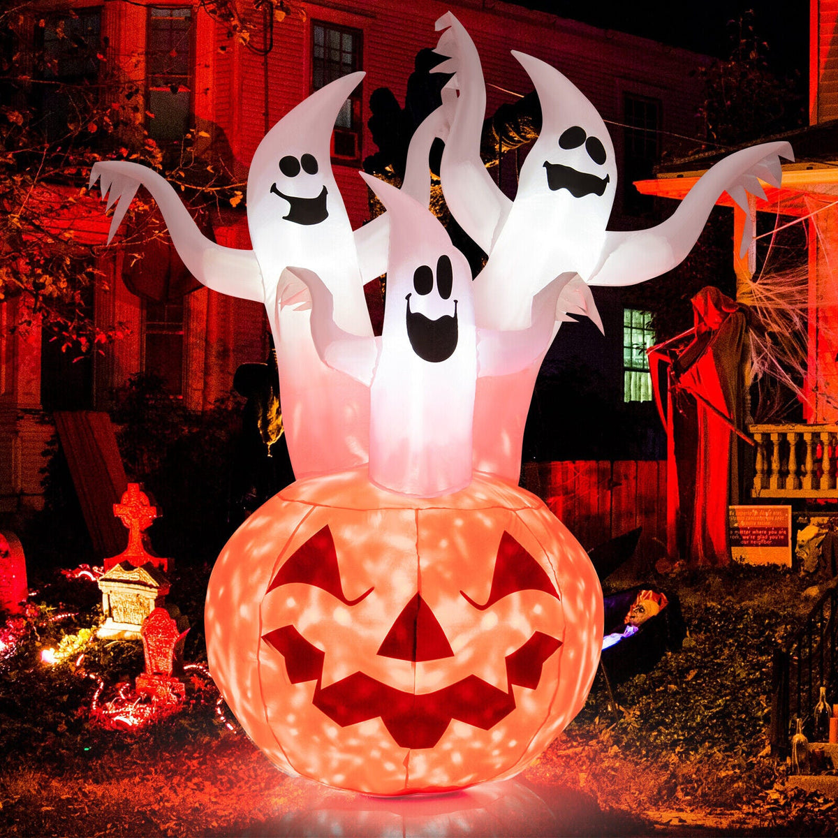 6 Feet Inflatable Halloween Ghosts with Pumpkin Decor and Rotating Lamp