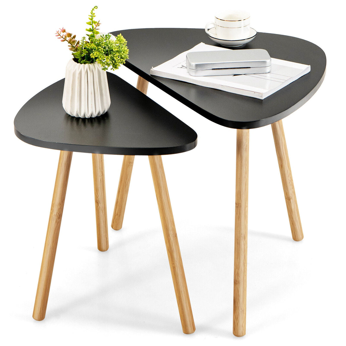 Set of 2 Modern Nesting Coffee Tables Triangular Tabletop Bamboo Legs