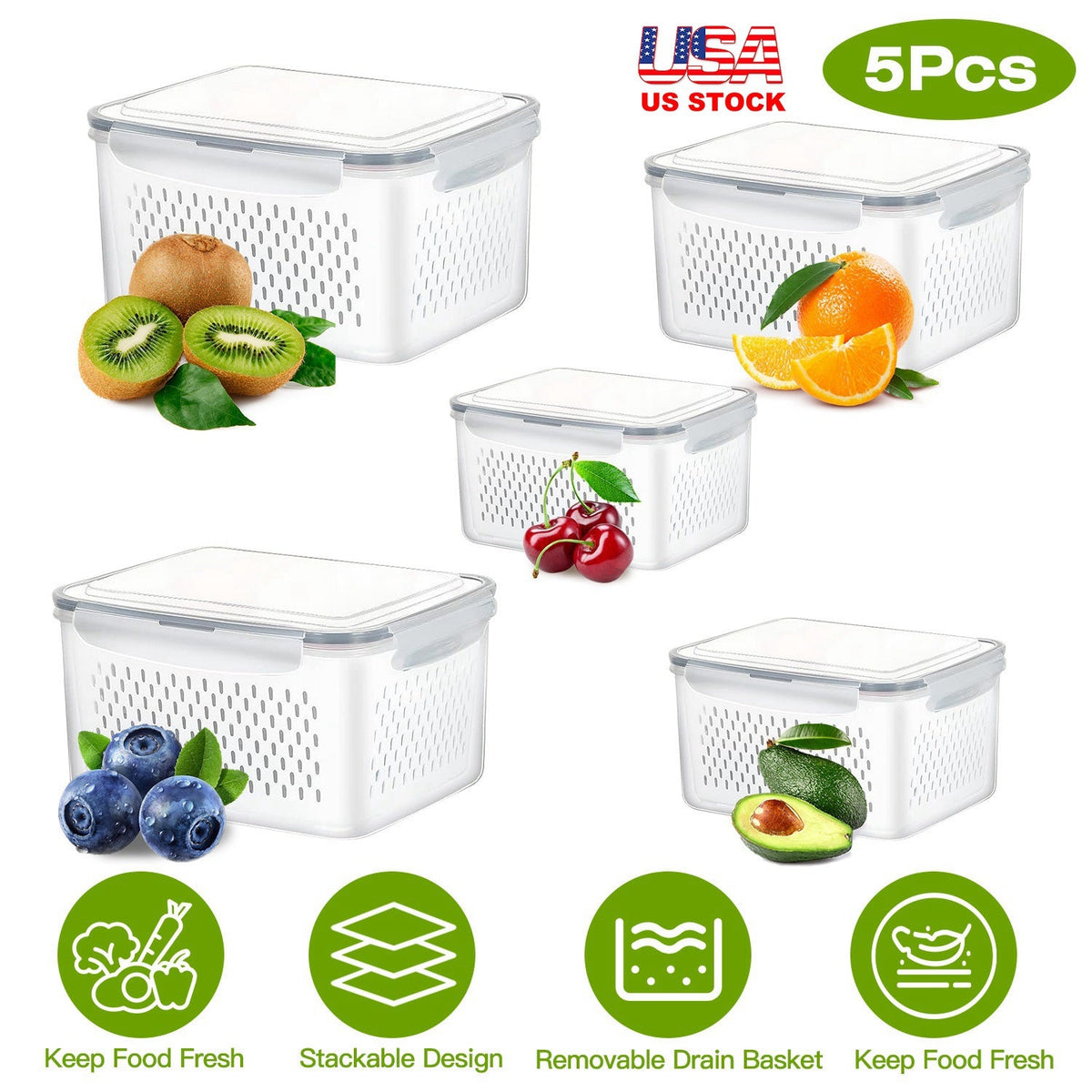 5Pcs Fruit Vegetable Containers with Removable Drain Basket Leakproof Lid Stackable Food Storage Organizer for Fridge Dishwasher Safe GBruno Store