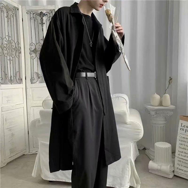 Autumn Thin Overknee Trench Coat Men's Mid-length Waist-tight