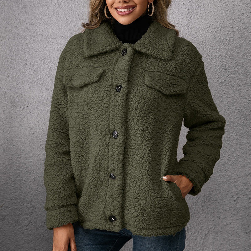 Lapel Single-breasted Fleece Coat Winter Warm Button Pocket Short Jacket Top Women Clothing My Store