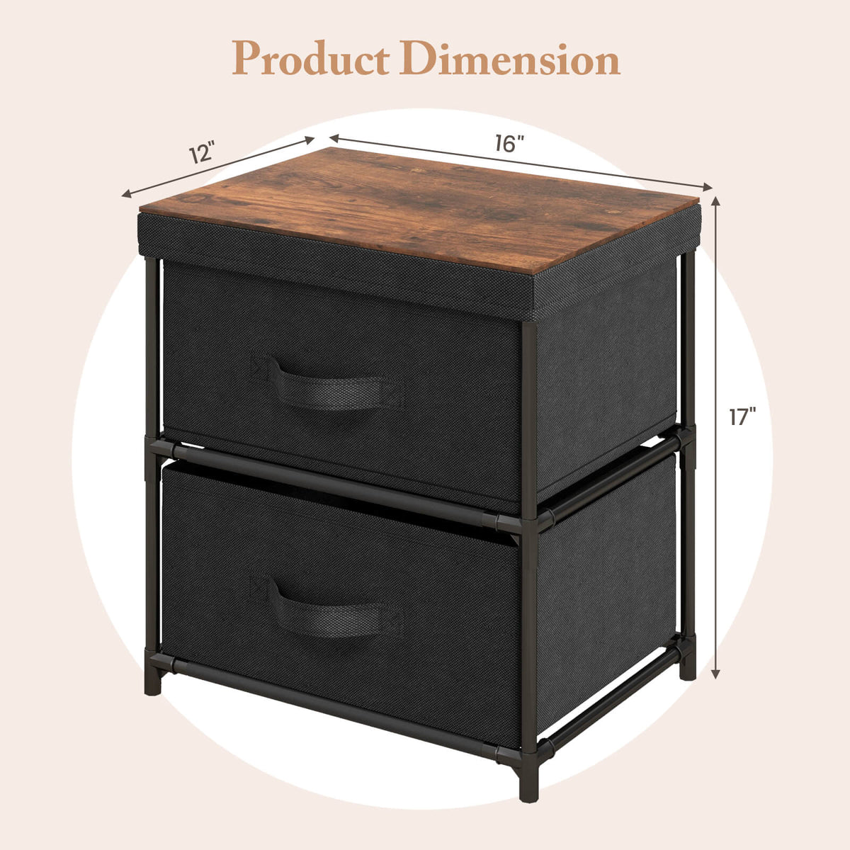 2-Drawer Nightstand with Removable Fabric Bins and Pull Handles