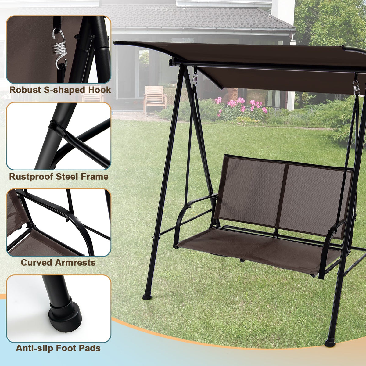 2-Seat Outdoor Canopy Swing with Comfortable Fabric Seat and Heavy-duty Metal Frame