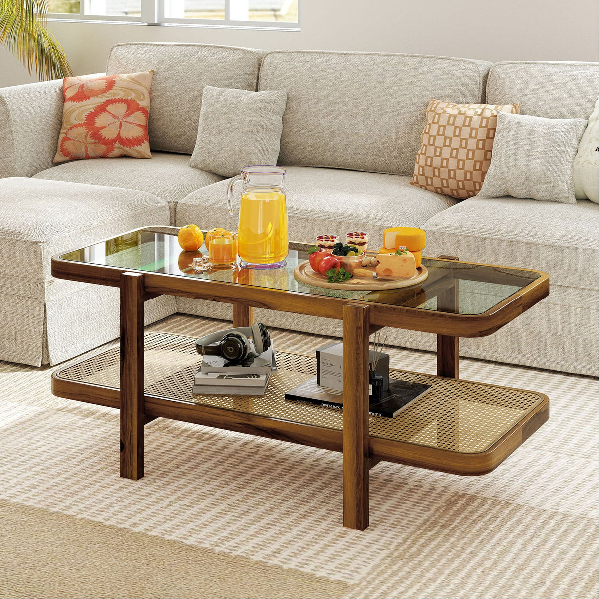 2-Tier Coffee Table with Storage and Tempered Glass Tabletop