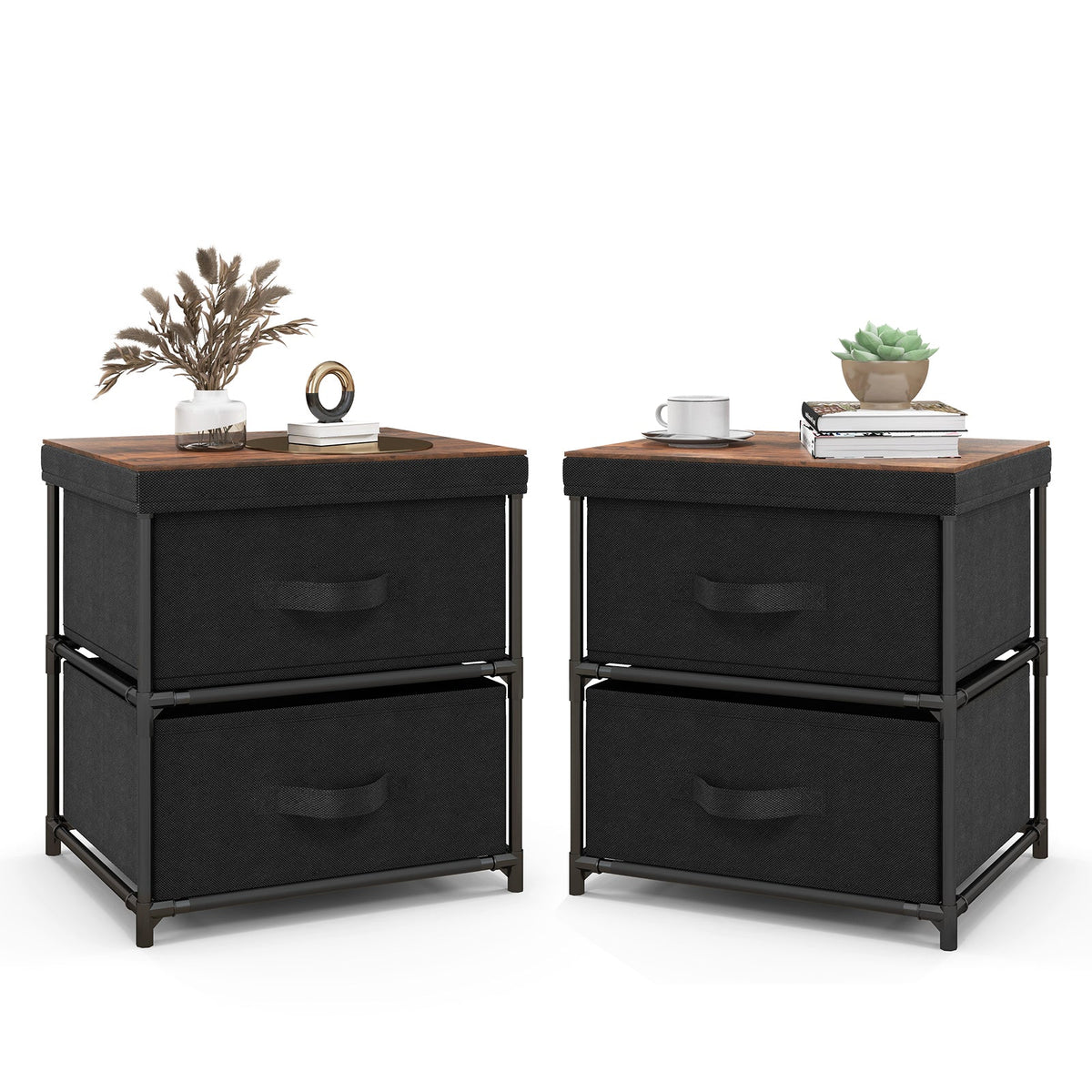 2-Drawer Nightstand with Removable Fabric Bins and Pull Handles Set of 2-Black