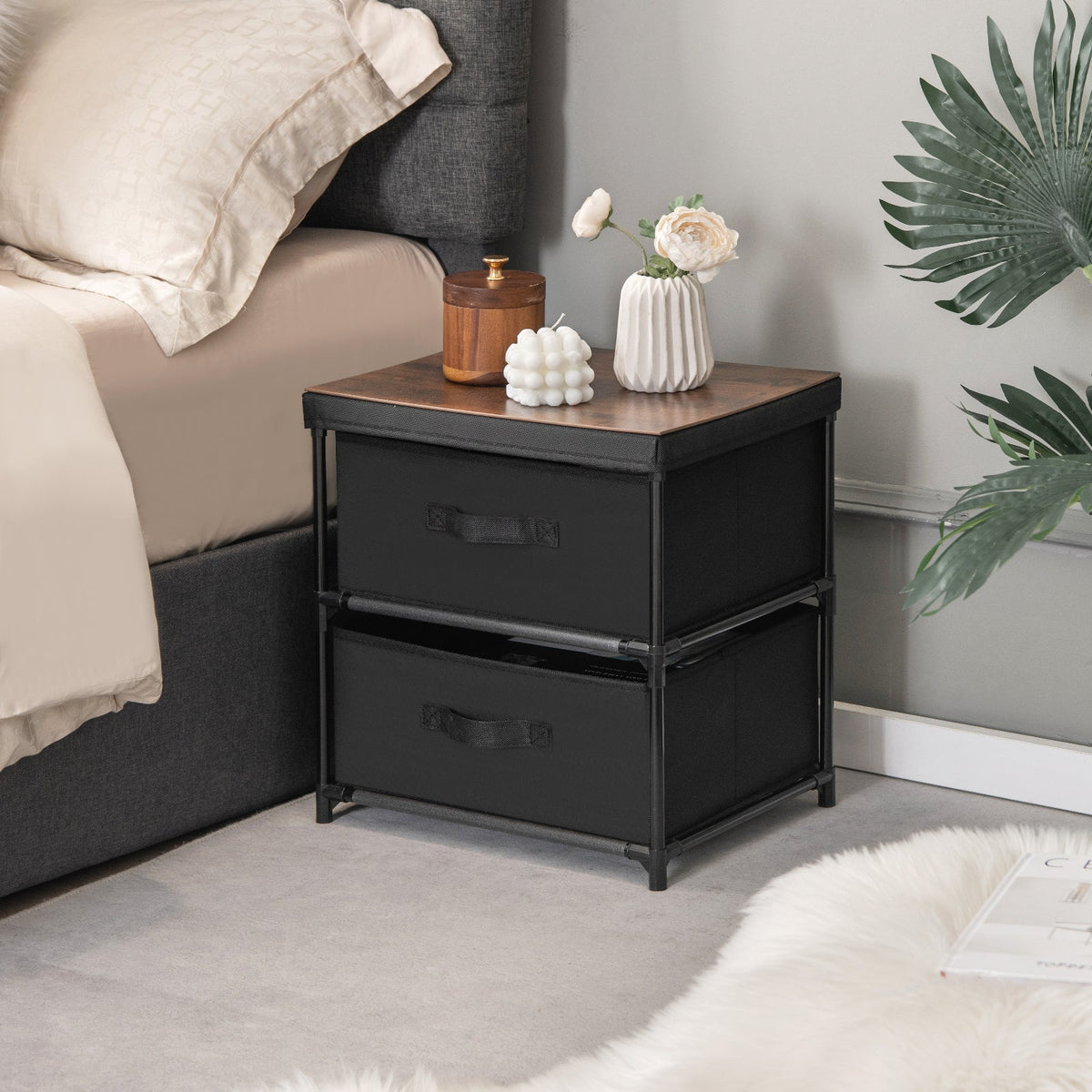 2-Drawer Nightstand with Removable Fabric Bins and Pull Handles Set of 2-Black
