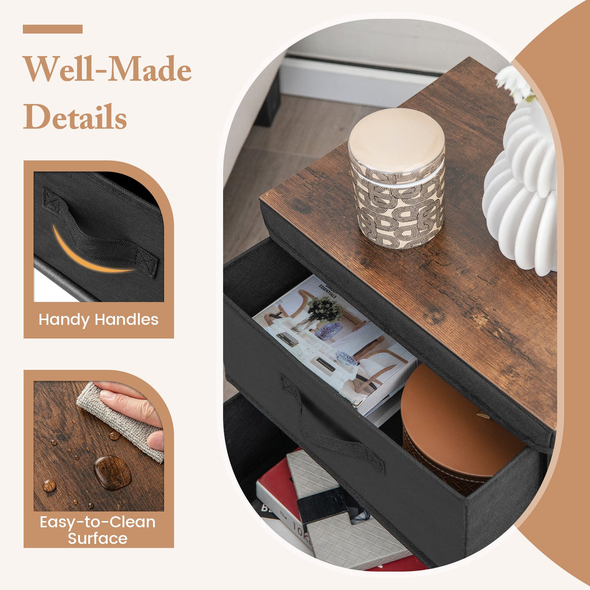 2-Drawer Nightstand with Removable Fabric Bins and Pull Handles Set of 2-Black