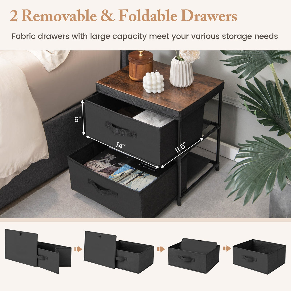 2-Drawer Nightstand with Removable Fabric Bins and Pull Handles Set of 2-Black