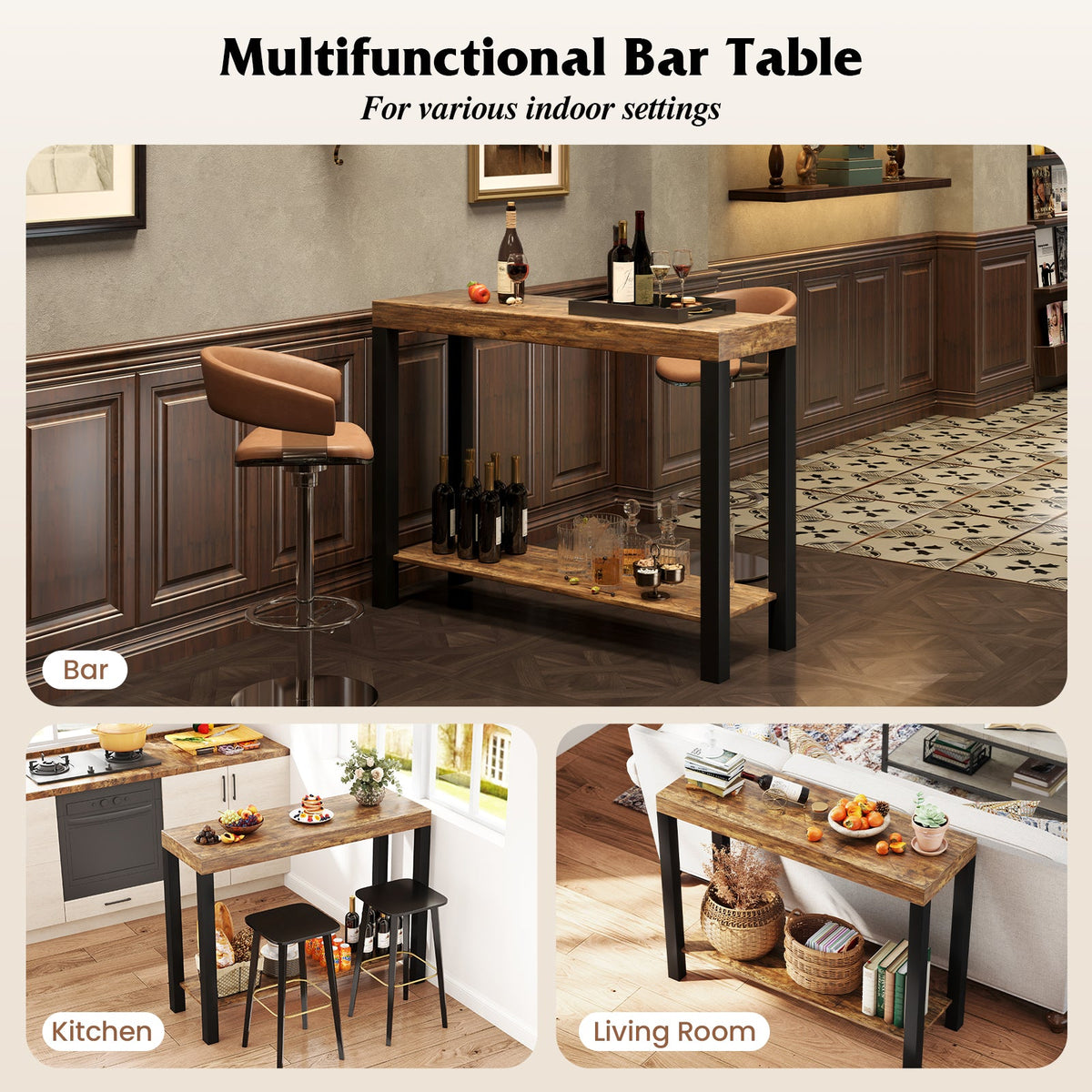 2-Tier Home Bar Table with Open Shelves and Storage for Home Kitchen Living Room Pub-Rustic Brown