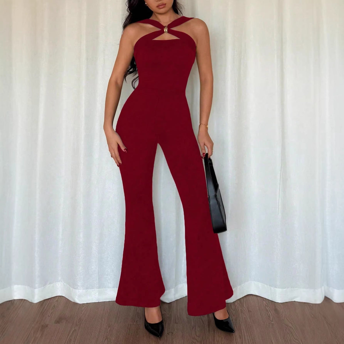 Chic Metal Buckle Flared Jumpsuit