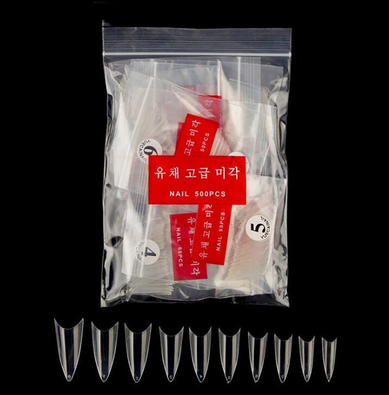500-Piece Manicure Fake Nail Tips - Natural & Transparent, Pointed Korean Standard
