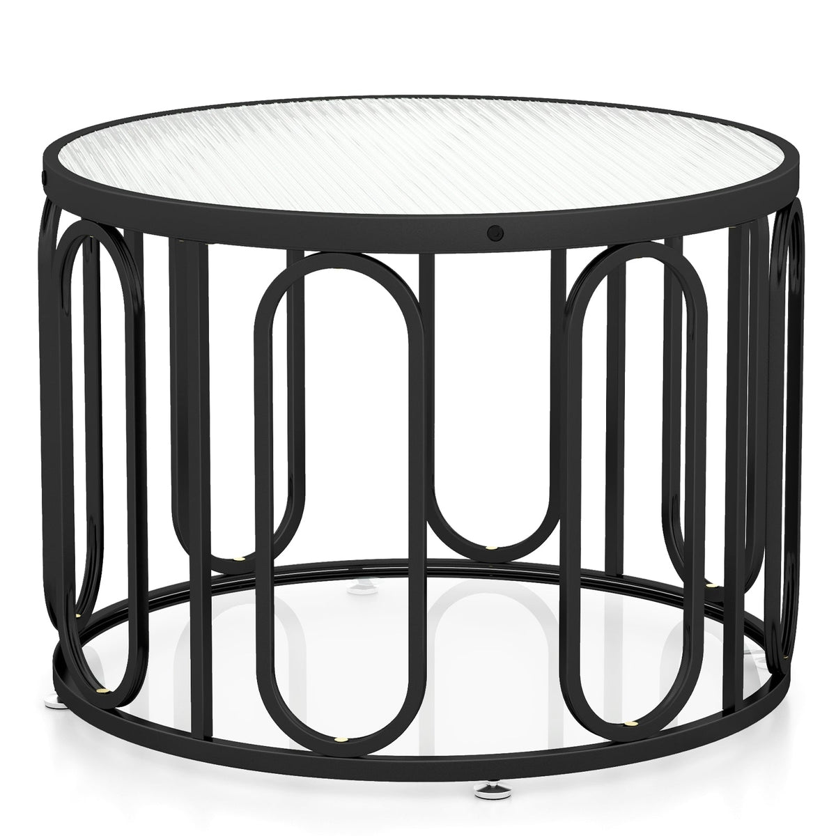 24 Inch Round Coffee Table with Reeded Tempered Glass Top and Oval Swivel Brackets