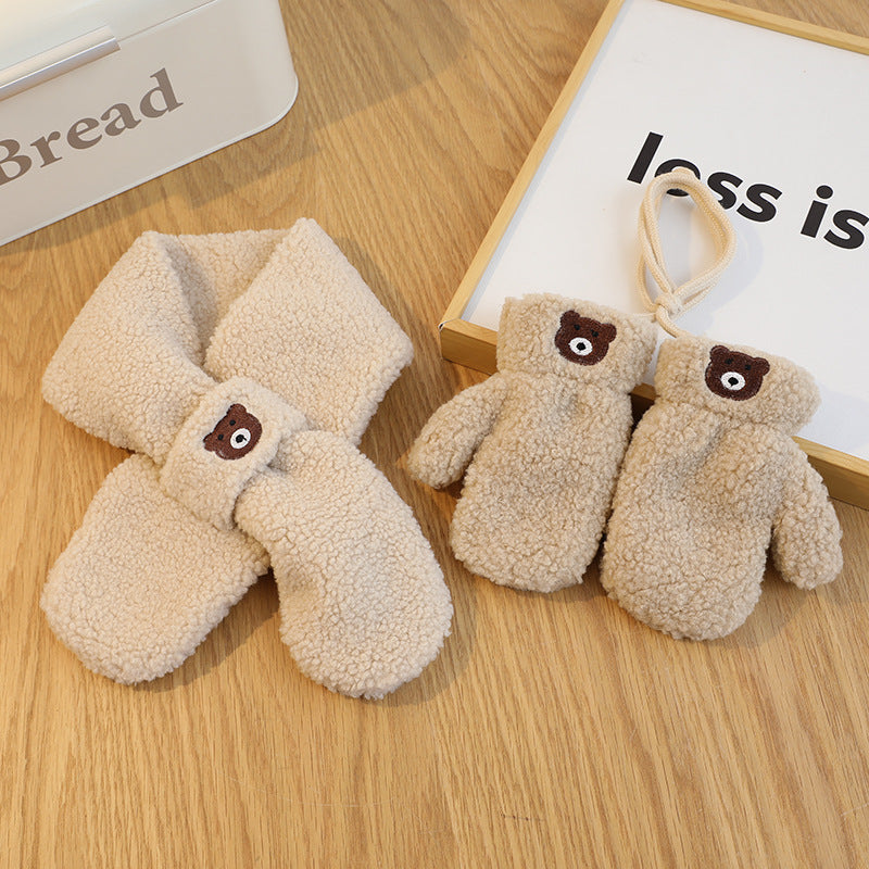 Korean Solid Color Bear Children's Gloves Set Autumn And Winter