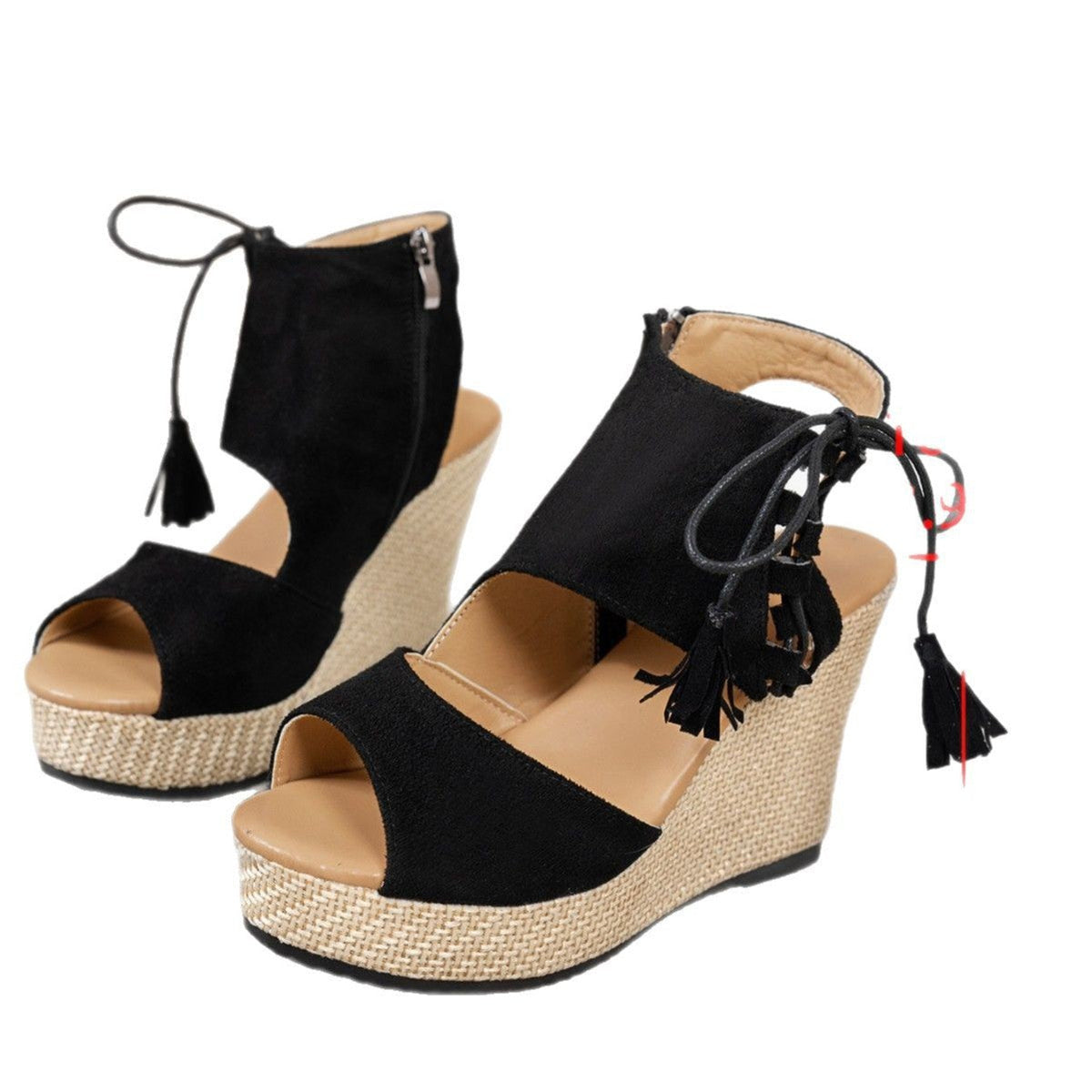 Women's Tassel High Heel Peep Toe Platform Muffin Wedge Sandals