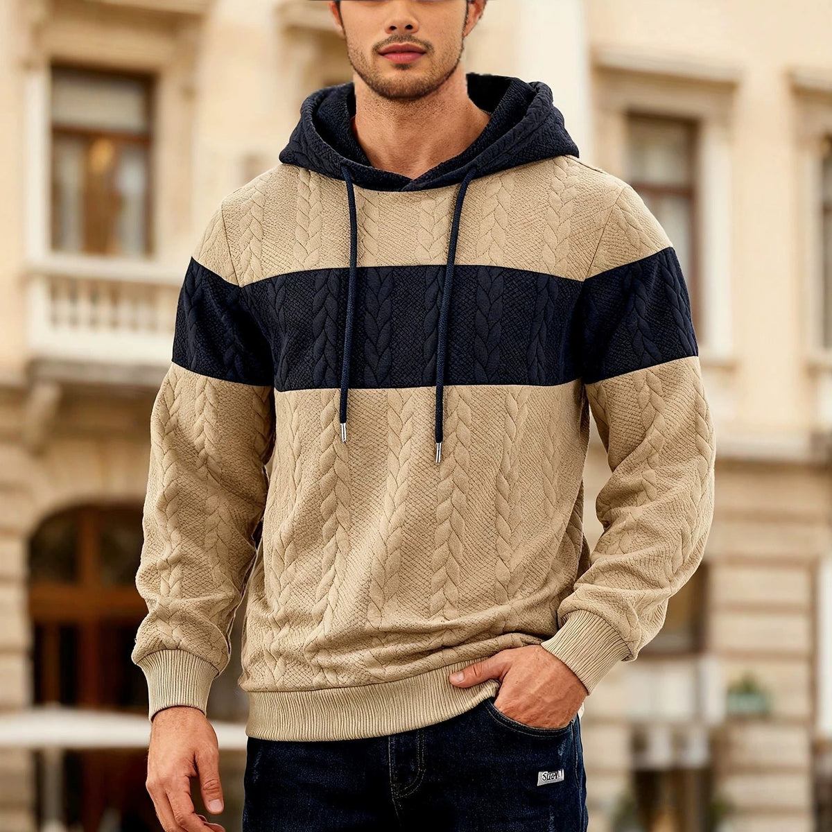 Mens Color-Block Loose-Fit Jacquard Sweatshirt