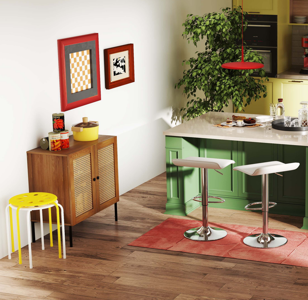 5-Piece Kitchen & Dining Bundle: Adjustable Bar Stools (Set of 2) + Stackable Stools (Set of 6) + Rattan Storage Sideboard