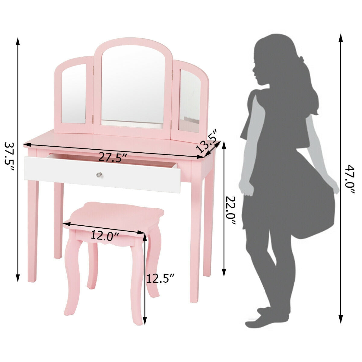 Kids Princess Make Up Dressing Table with Tri-folding Mirror and Chair