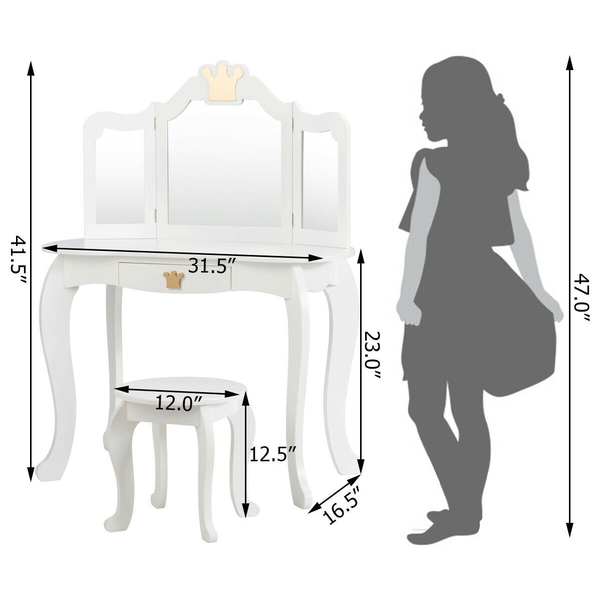 Kids Makeup Dressing Table with Tri-folding Mirror and Stool-White GBruno Store