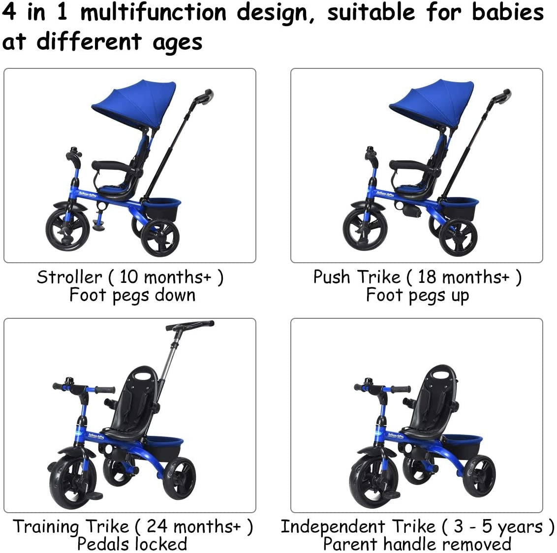 4-in-1 Kids Tricycle with Adjustable Push Handle-Blue GBruno Store