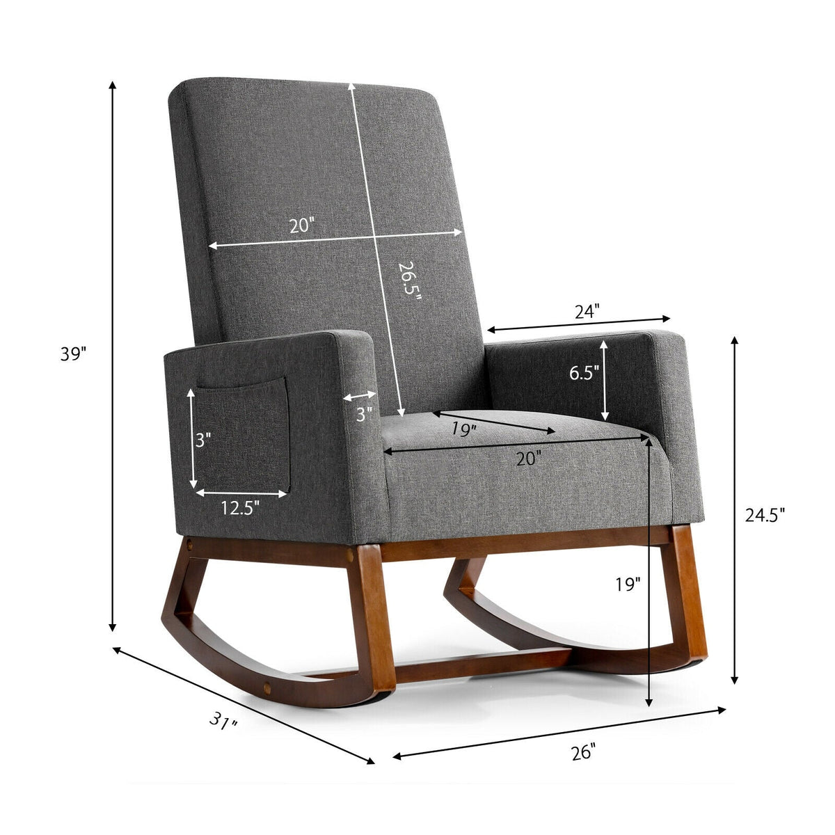 Rocking High Back Upholstered Lounge Armchair with Side Pocket