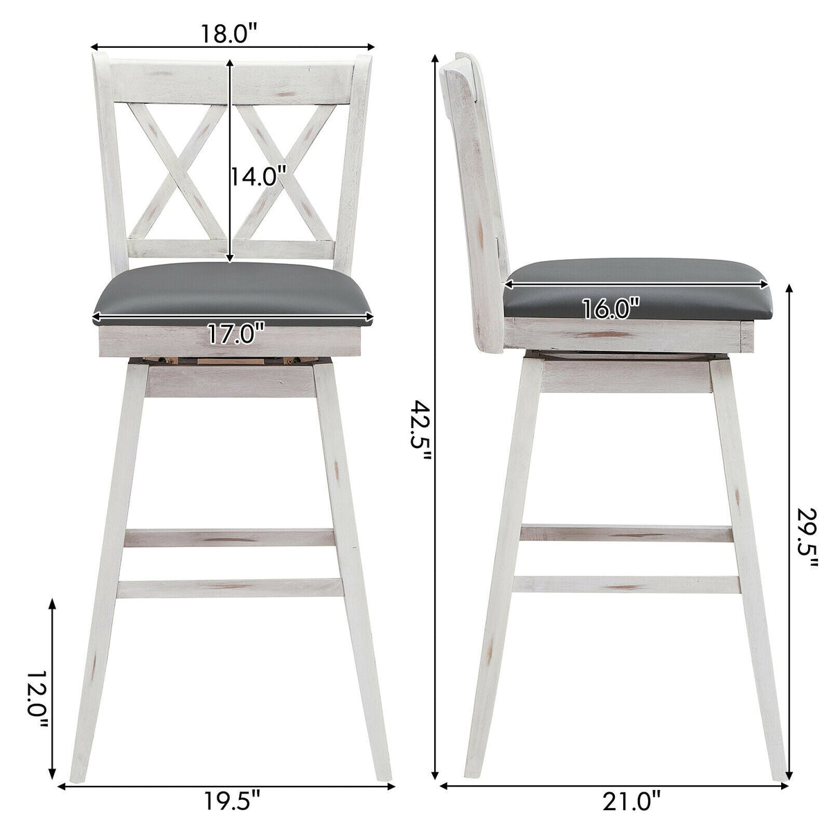 2 Pieces 29 Inches Swivel Counter Height Barstool Set with Rubber Wood Legs