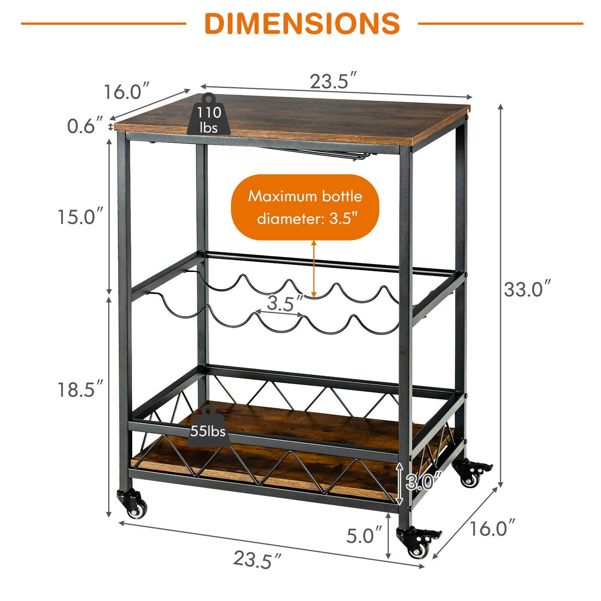 Kitchen Bar Cart Serving Trolley on Wheels with Wine Rack Glass Holder-Rustic Brown