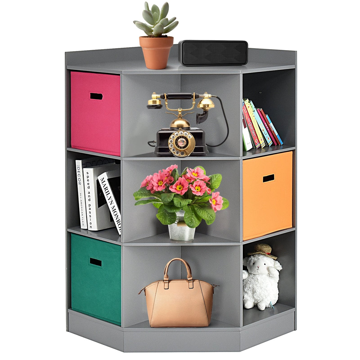 3-Tier Kids Storage Shelf Corner Cabinet with 3 Baskets-Gray GBruno Store