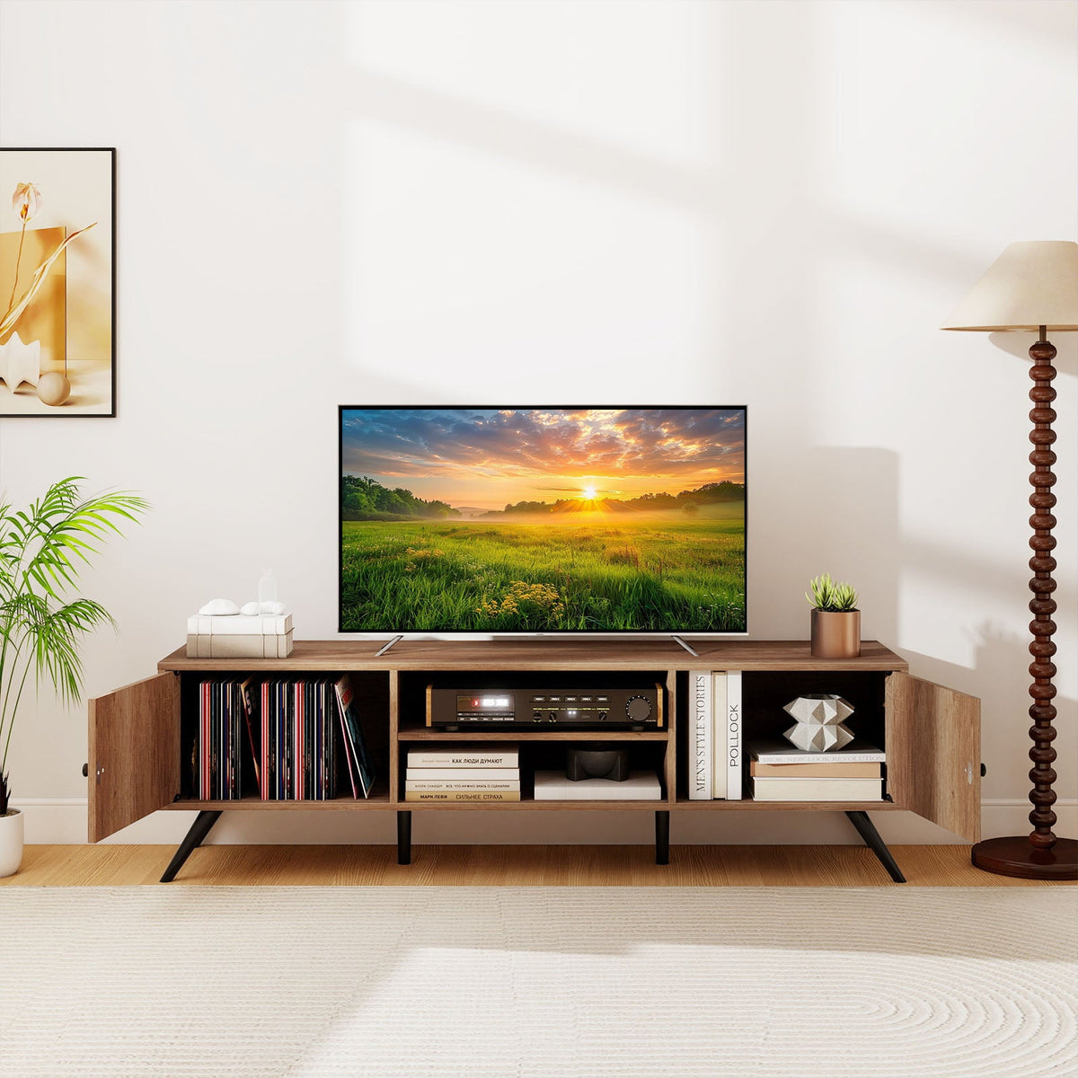 2-Door TV Stand for TVs up to 65 Inch with Open Shelves-Oak