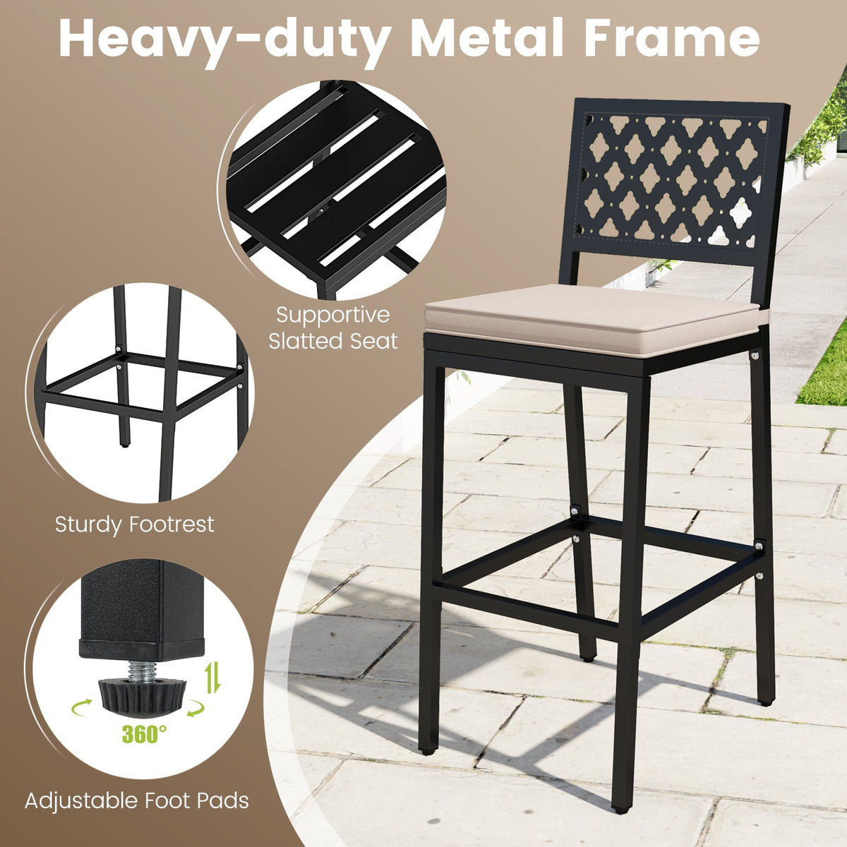 Set of 2 Patio Bar Chairs Counter Height with Detachable Cushion and Footrest-Argyle Pattern