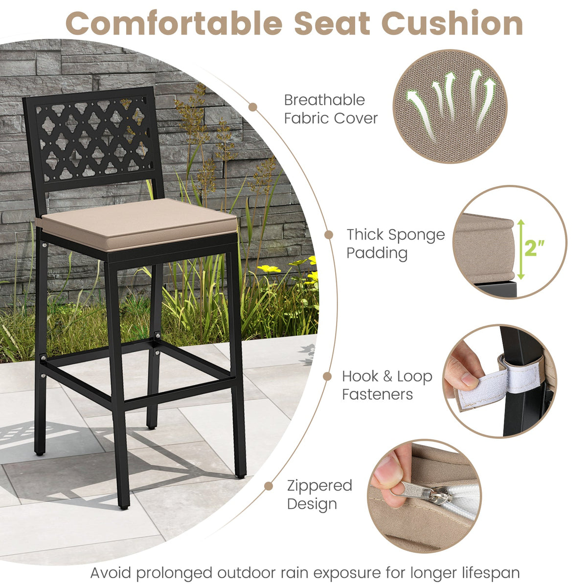 Set of 2 Patio Bar Chairs Counter Height with Detachable Cushion and Footrest-Argyle Pattern