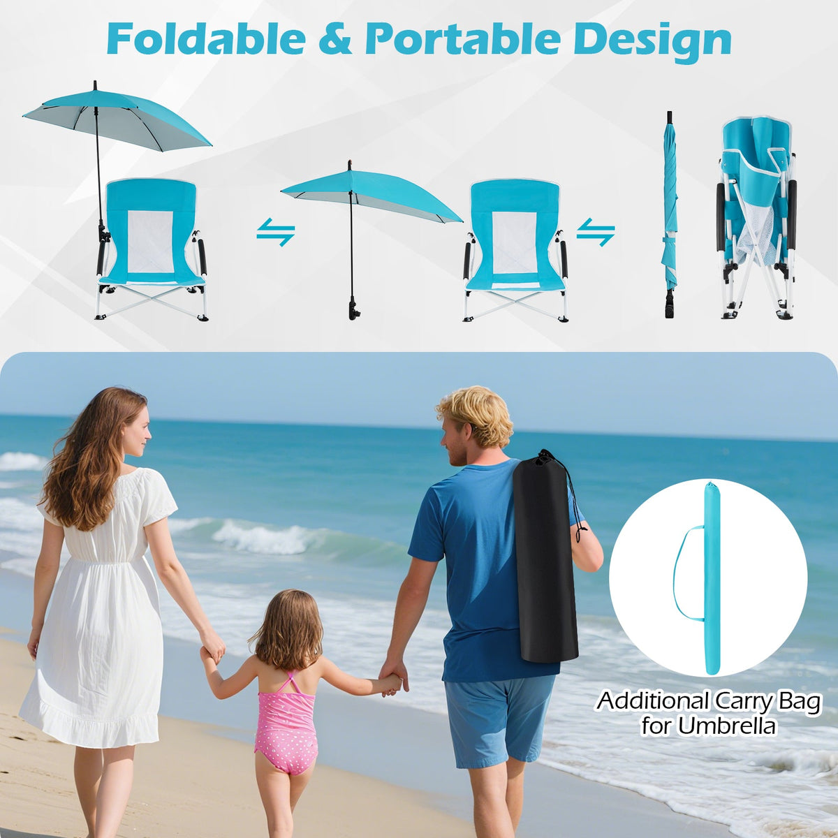 2 Pack Beach Umbrella Chair for Adults with Adjustable Parasol