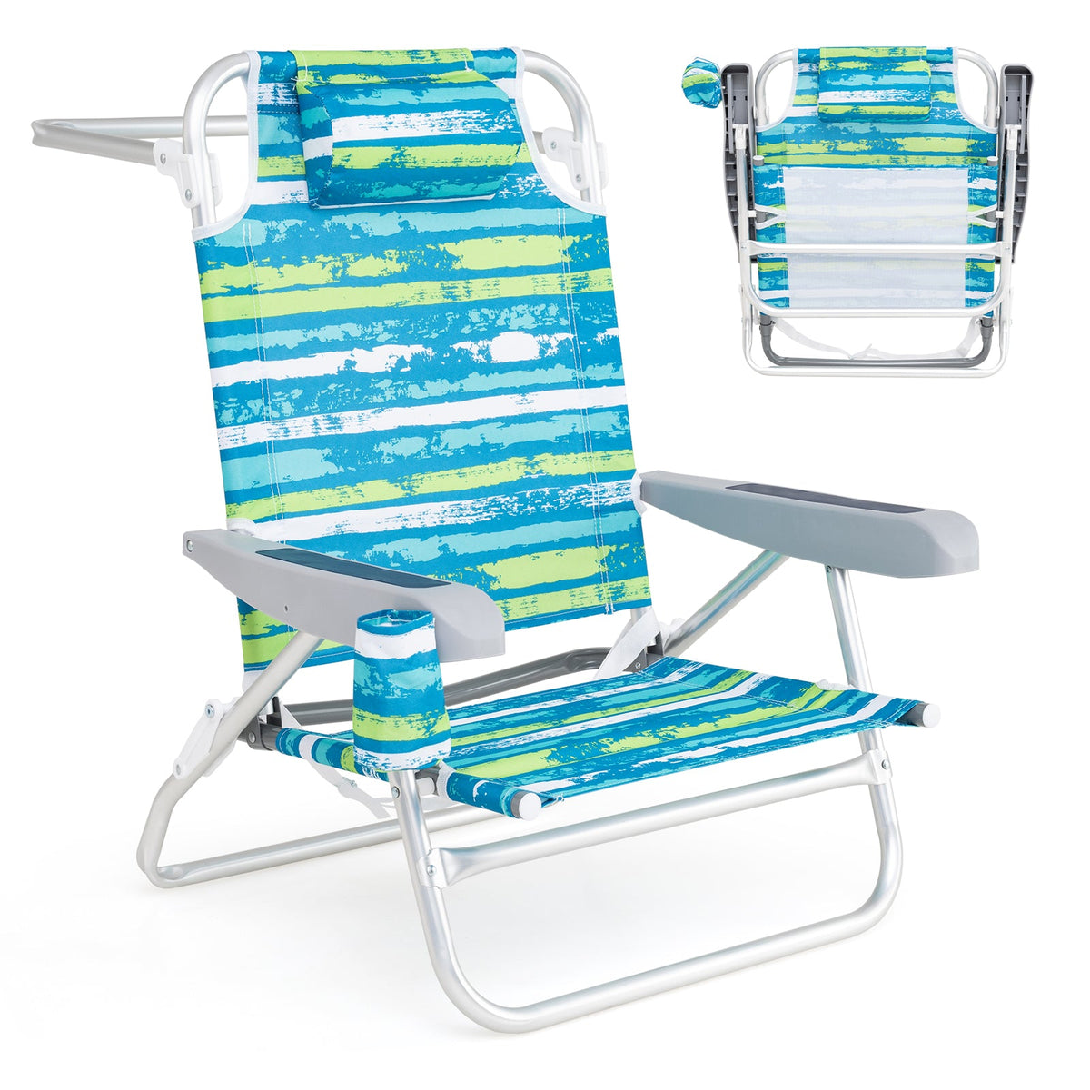 2 Pack Folding Beach Chair with Adjustable Positions and Head Pillow