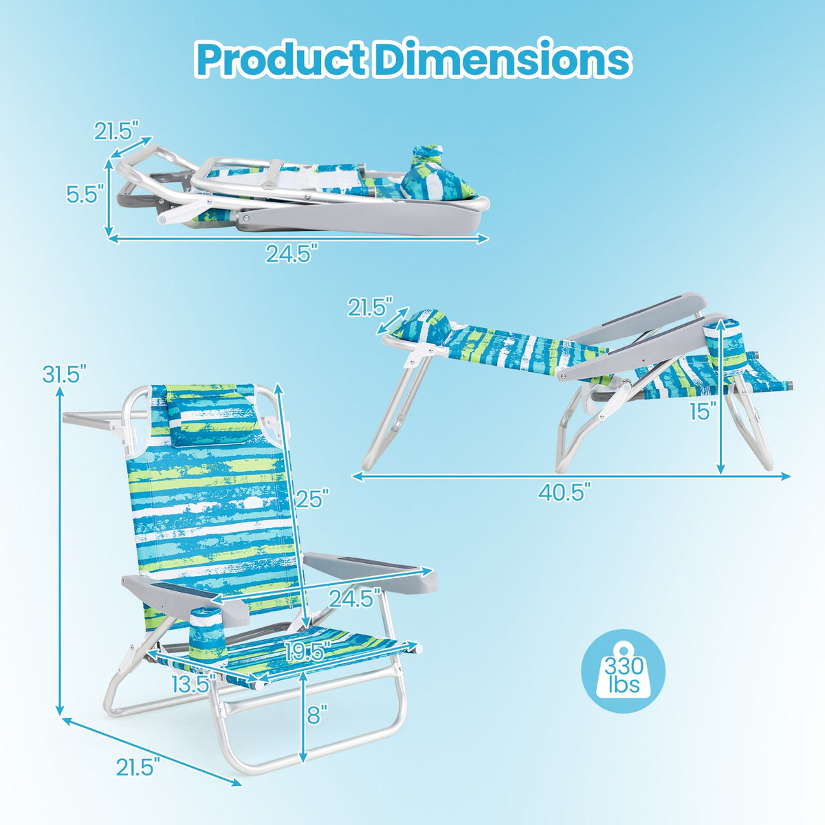 2 Pack Folding Beach Chair with Adjustable Positions and Head Pillow