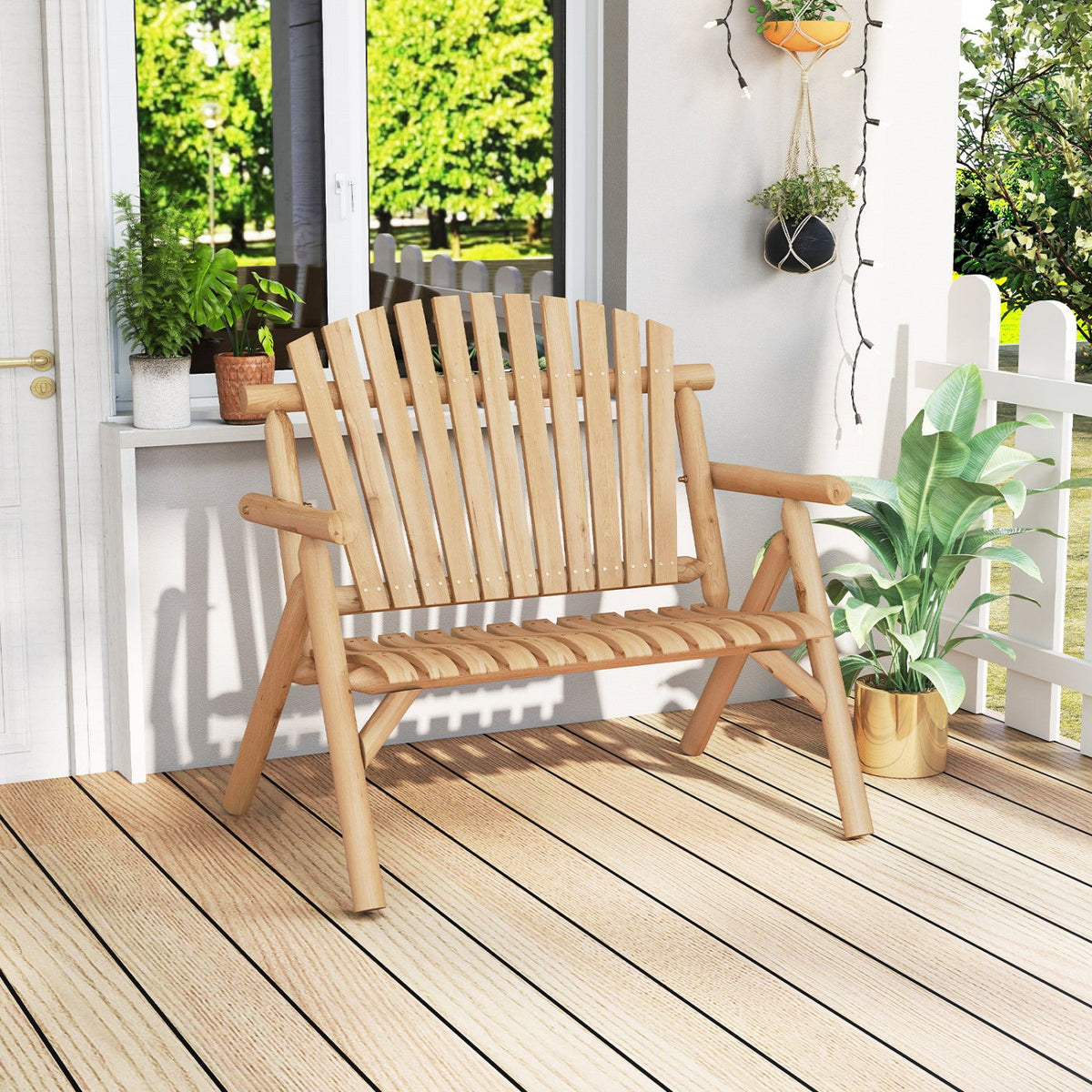 2-Person Log Wood Patio Bench with Slatted Backrest DirectDeals