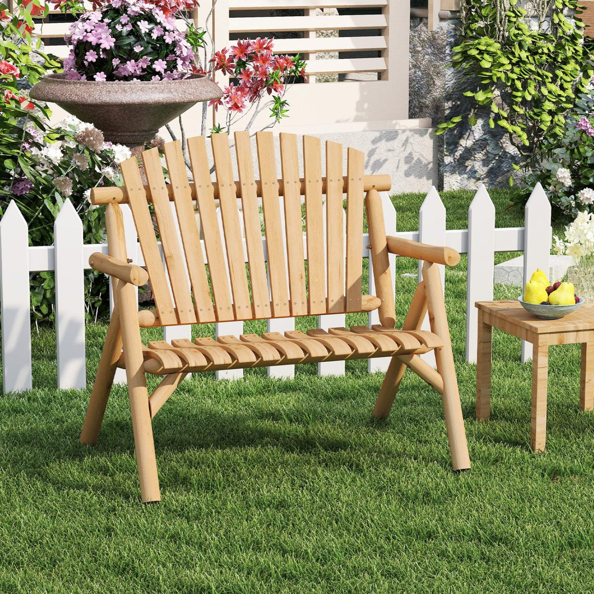 2-Person Log Wood Patio Bench with Slatted Backrest DirectDeals