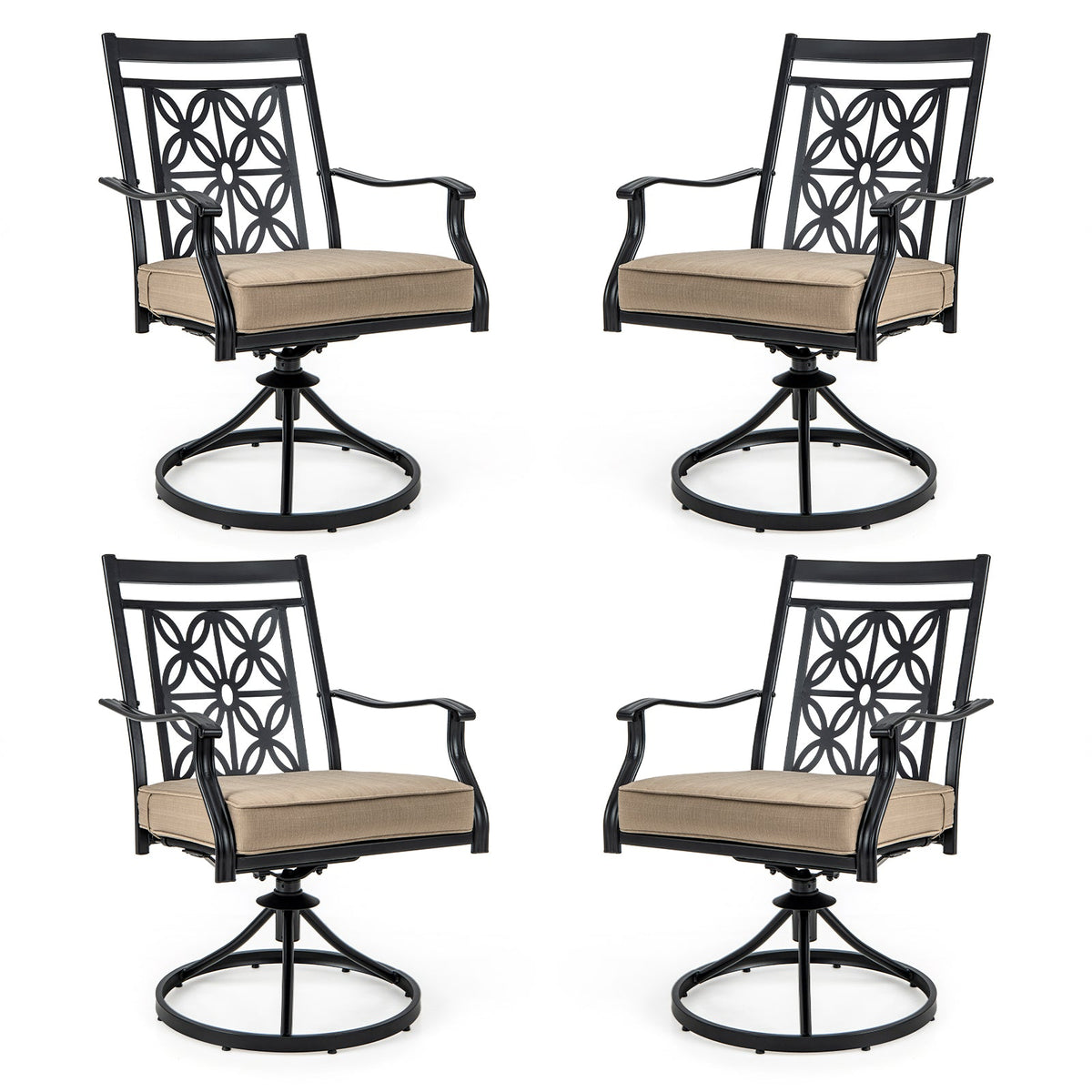 2 Pieces Patio Swivel Chairs with Blossom Pattern Backrest and Cushions-Black