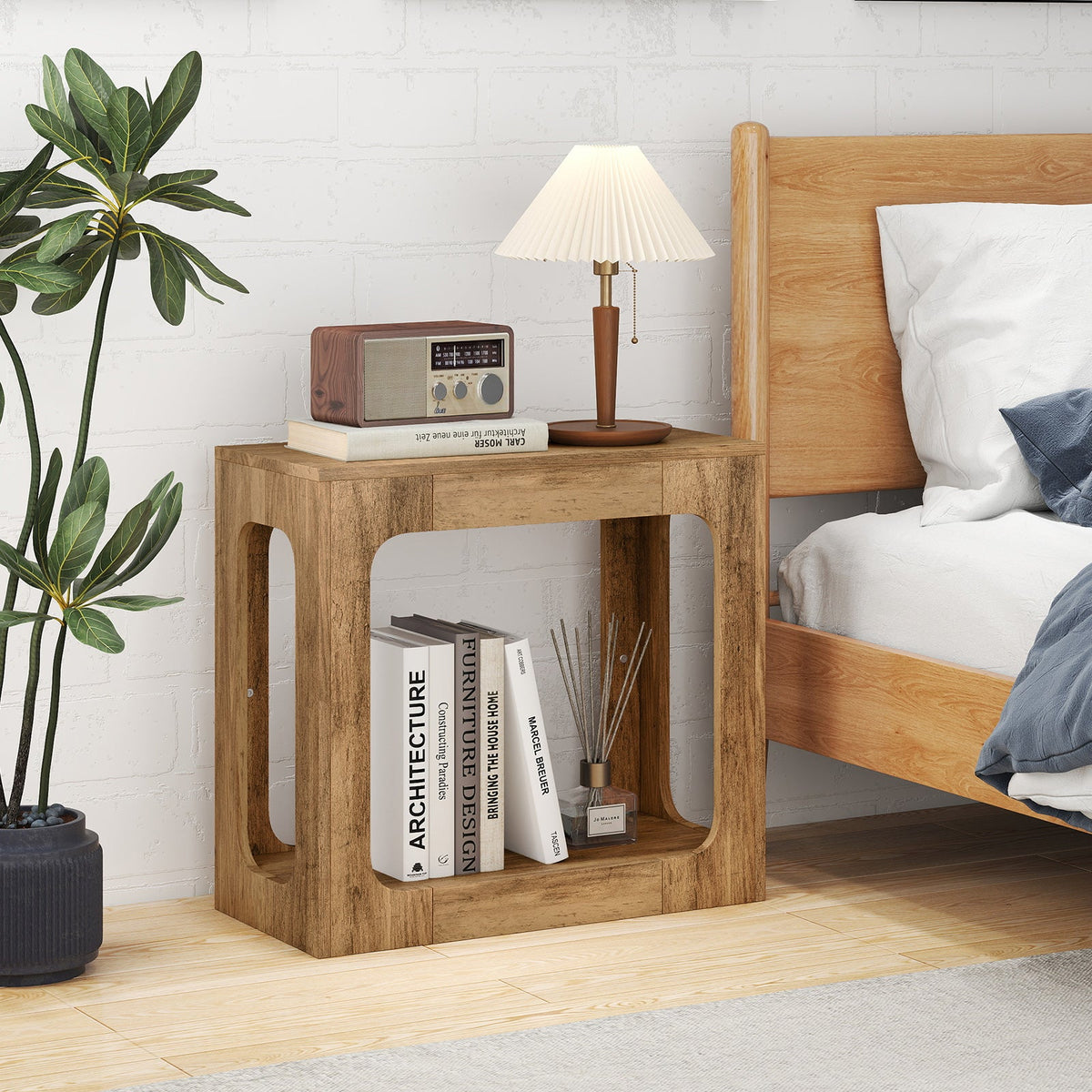 2-Tier End Table with Storage Shelf for Living Room-Oak
