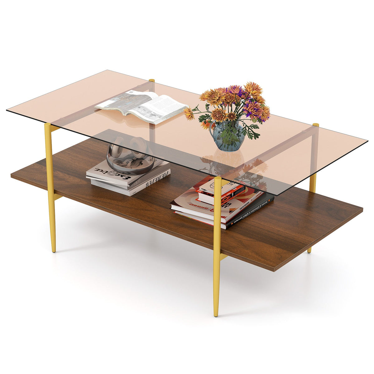 2-Tier Glass Coffee Table with Tampered Glass Tabletop and Open Storage Shelf-Brown