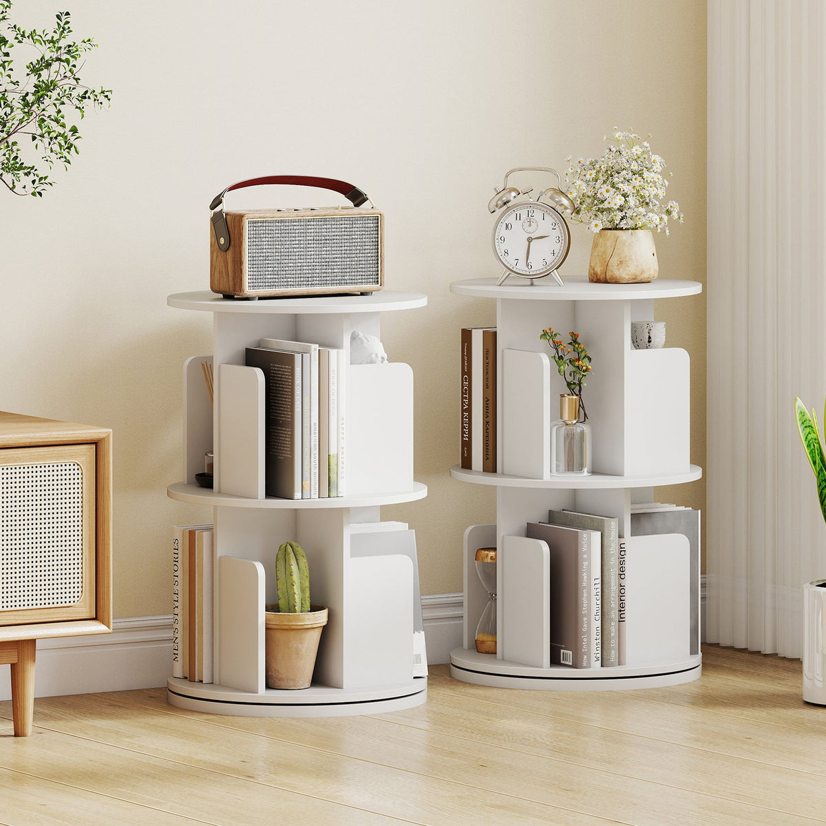 2-Tier Rotating Bookshelf with Dividers and Anti-falling Baffles