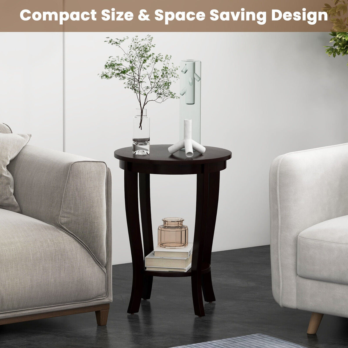 2-tier Round End Table with Solid Wood Legs