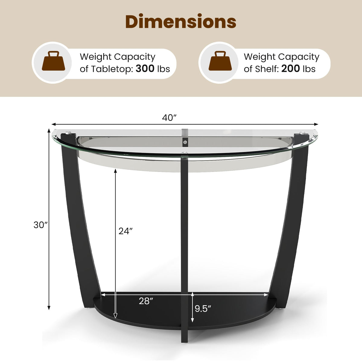 2-tier Tempered Glass Console Table with Clear Glass Top and Open Shelf