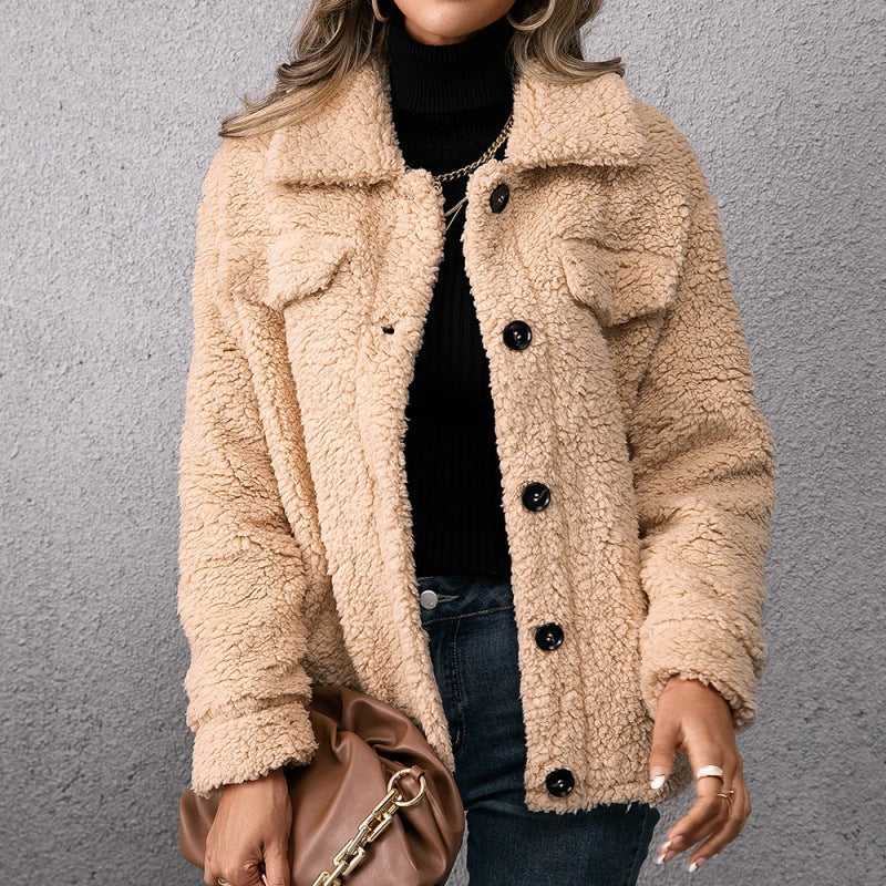 Lapel Single-breasted Fleece Coat Winter Warm Button Pocket Short Jacket Top Women Clothing My Store