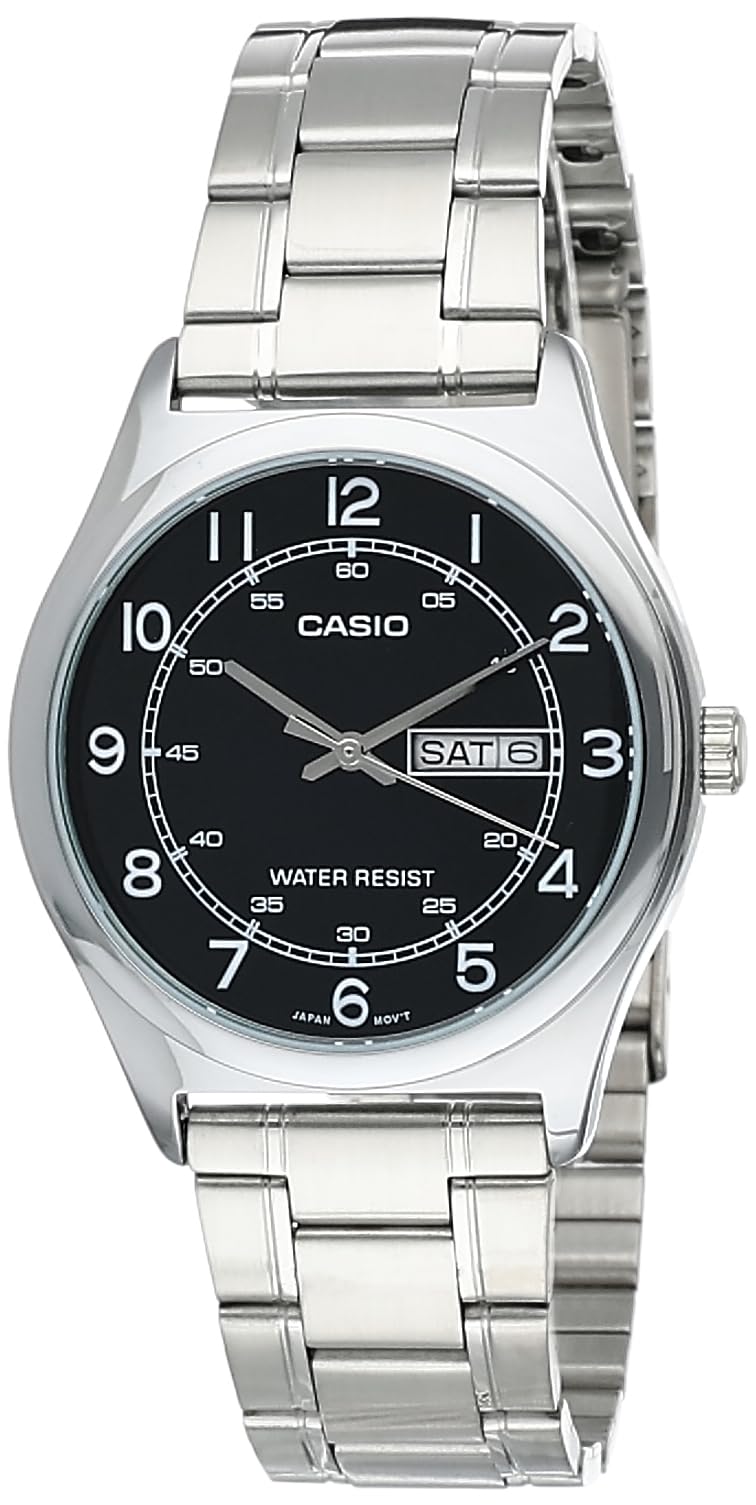 Casio MTP-V006D-1B2 Mens Stainless Steel Easy Reader Black Dial Day Date Analog Dress Watch