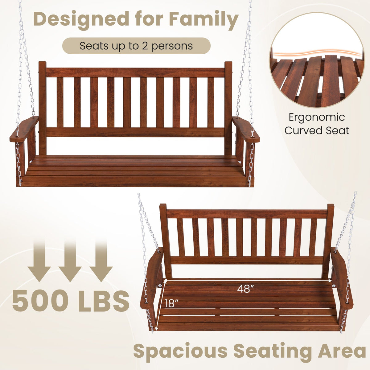 2-Person Wooden Outdoor Porch Swing with 500 lbs Weight Capacity