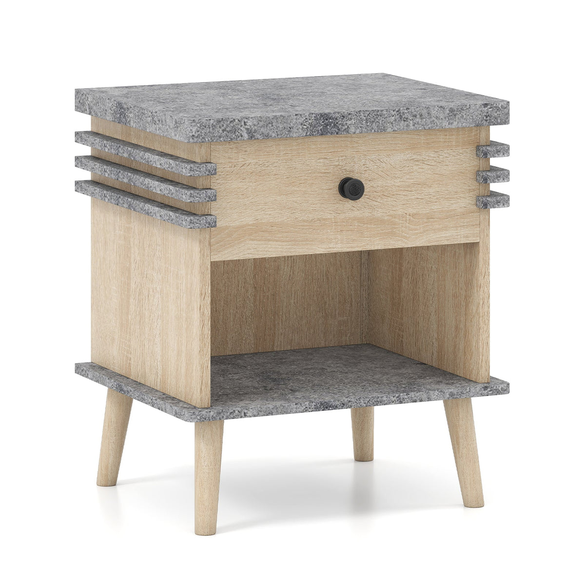 3-Tier Bedside Table Nightstand with Antique Grey Faux Marble Top-Grey