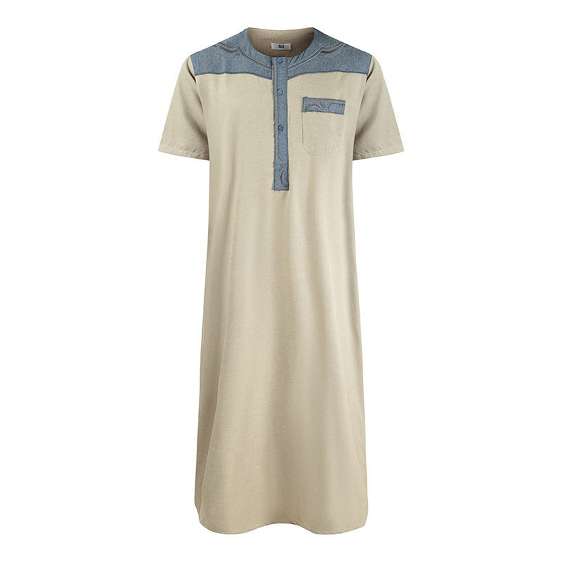 Men's Robe Pocket Contrast Color Short Sleeve