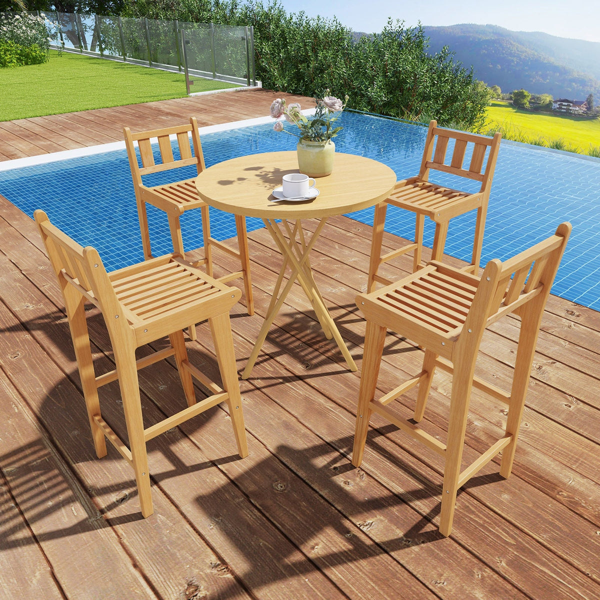 30 Inch Teak Wood Bar Chair with Footrest and Backrest for Deck Poolside Garden