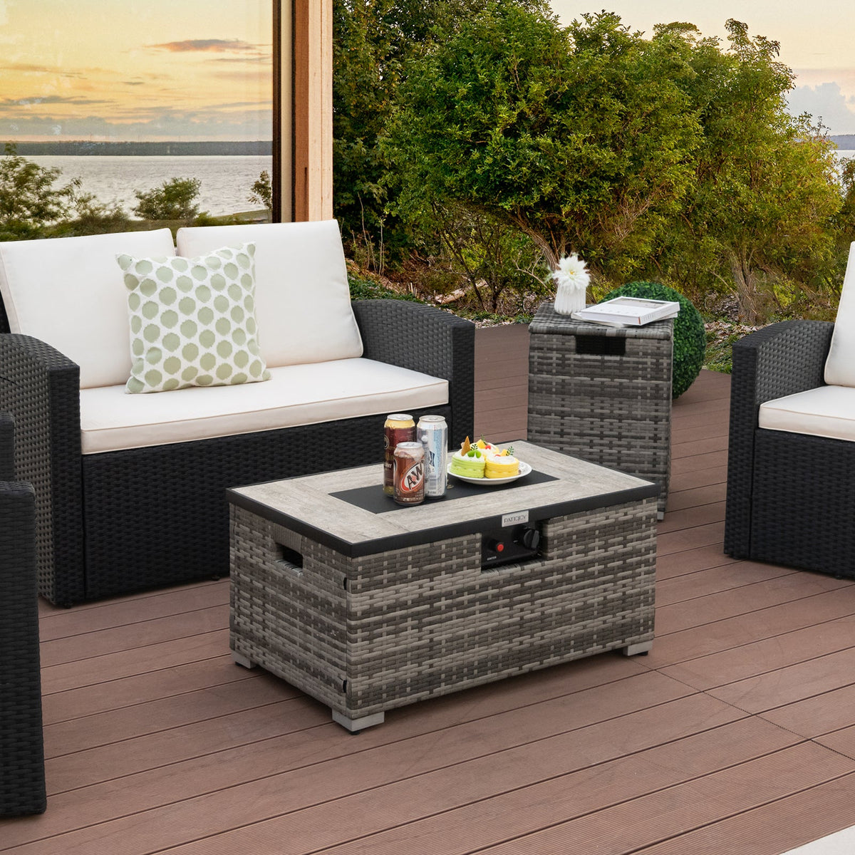 32 x 20 Inch Propane Rattan Fire Pit Table Set with Side Table Tank and Cover