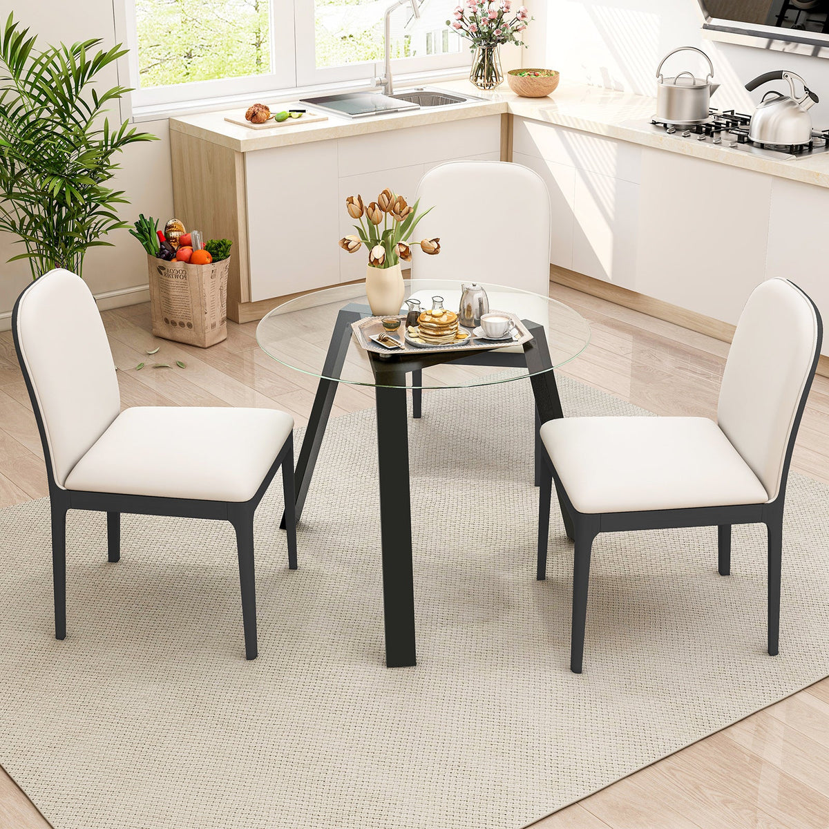 36 Inches Round Glass Dining Table for 4 with Rubber Wood Frame
